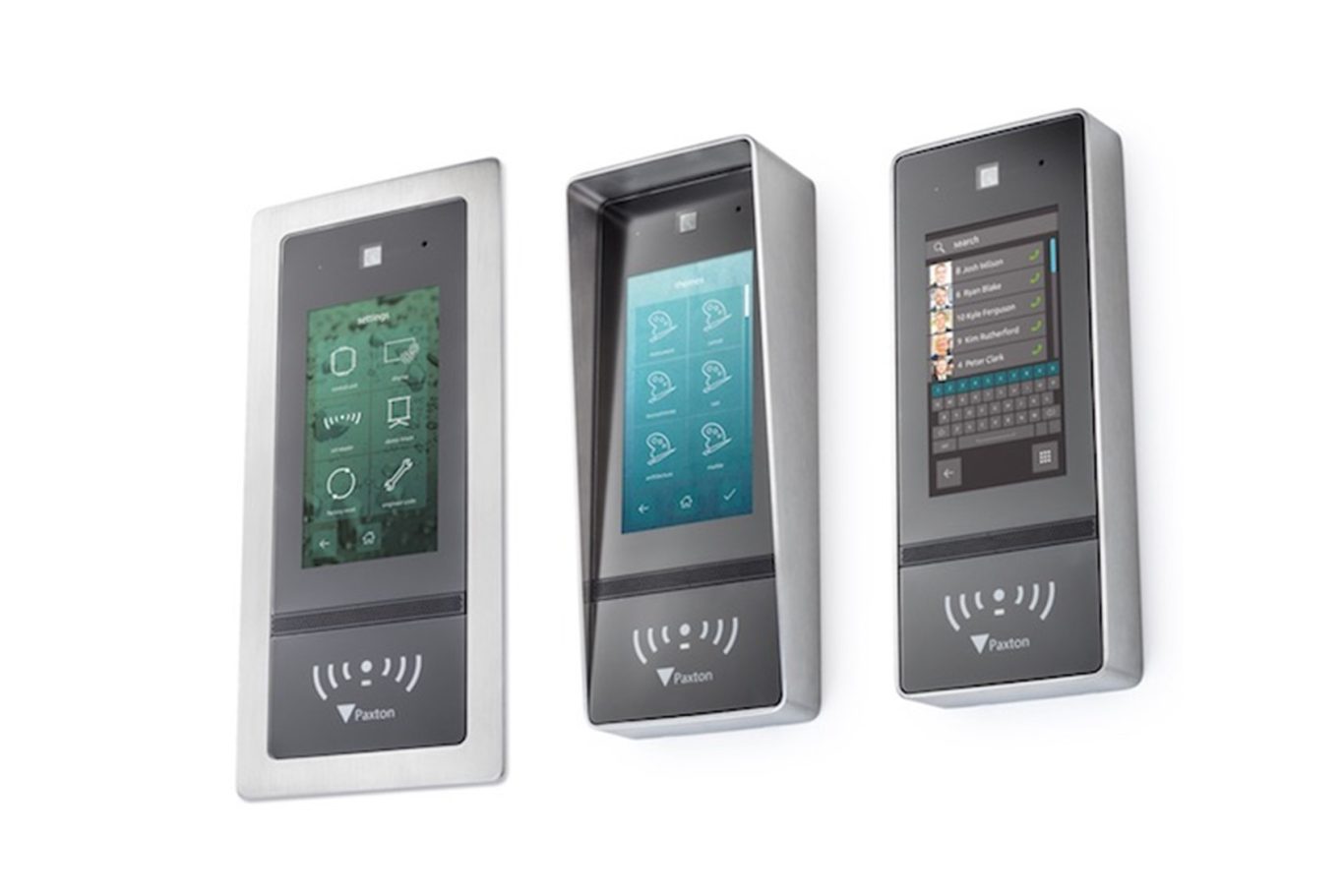 Three sleek electronic control panels with touchscreens in a modern design.