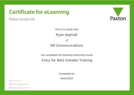 Certificate for completing Net2 Installer Training by Paxton, awarded to Ryan Aspinall.