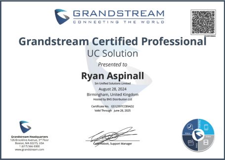 Certificate of achievement presented to Ryan Aspinall for Grandstream UC Solution.