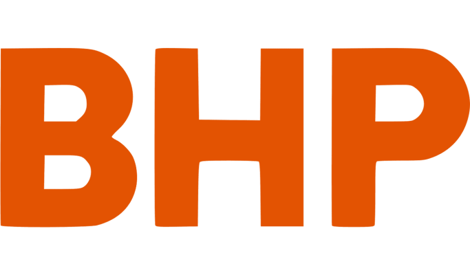 BHP logo in bold orange letters against a plain background.