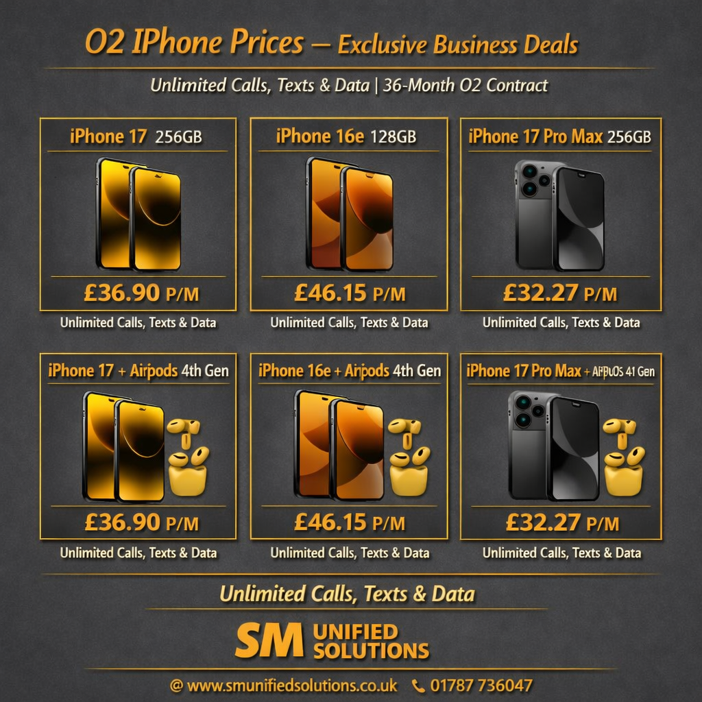 O2 iPhone pricing details with various models and contract options listed.