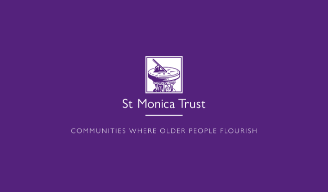 Logo of St Monica Trust with the tagline "Communities where older people flourish."