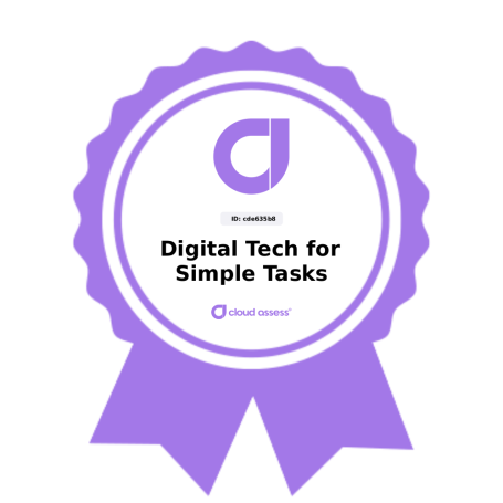 Purple ribbon with text "Digital Tech for Simple Tasks" and a logo in the centre.