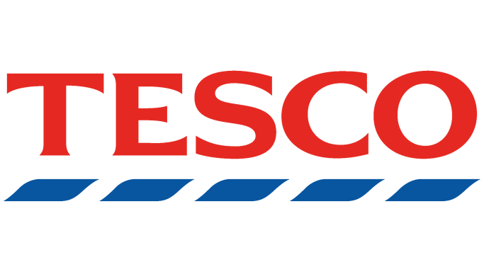 Tesco logo featuring the name "Tesco" in bold red letters with blue stripes below.
