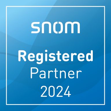 Snom Registered Partner badge for 2024 with blue background.