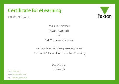 Certificate for eLearning awarded to Ryan Aspinall from SM Unified Solutions.