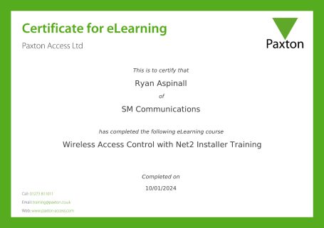 Certificate showing completion of Wireless Access Control with 2nd Installer Training.