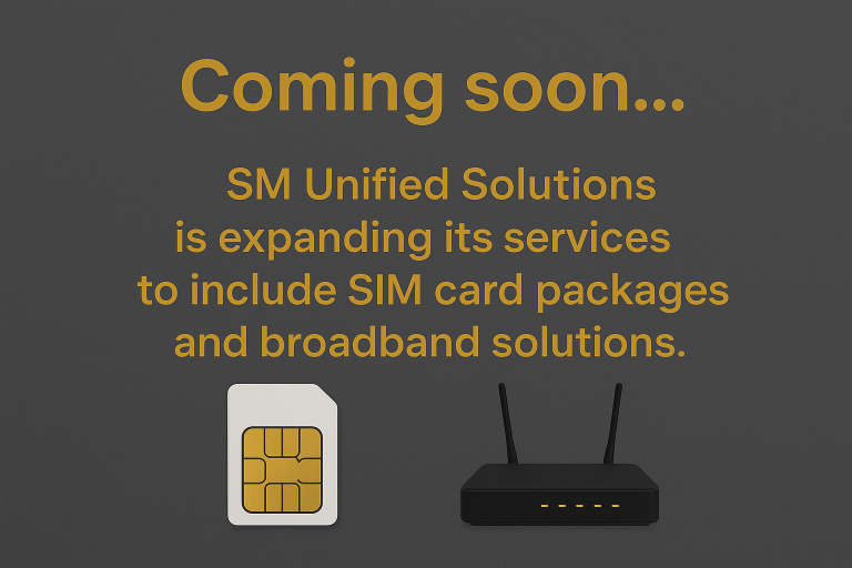 Text announcing the expansion of SM Unified Solutions' services to include SIM cards and broadband.