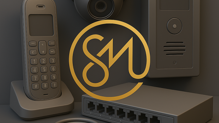 A collection of grey communication devices with a prominent golden logo in the centre.