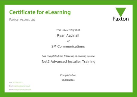 Certificate for eLearning awarded to Ryan Aspinall for completing the Paxton Advanced Installer Training.