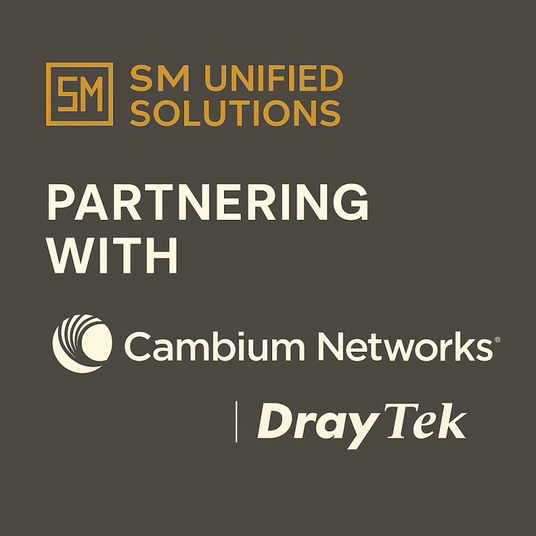 Logo for SM Unified Solutions, featuring Cambium Networks and DrayTek partnership.