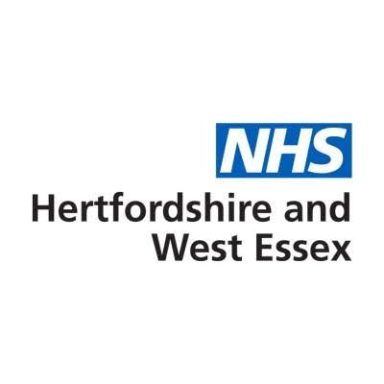 NHS Hertfordshire and West Essex logo featuring blue and black text.