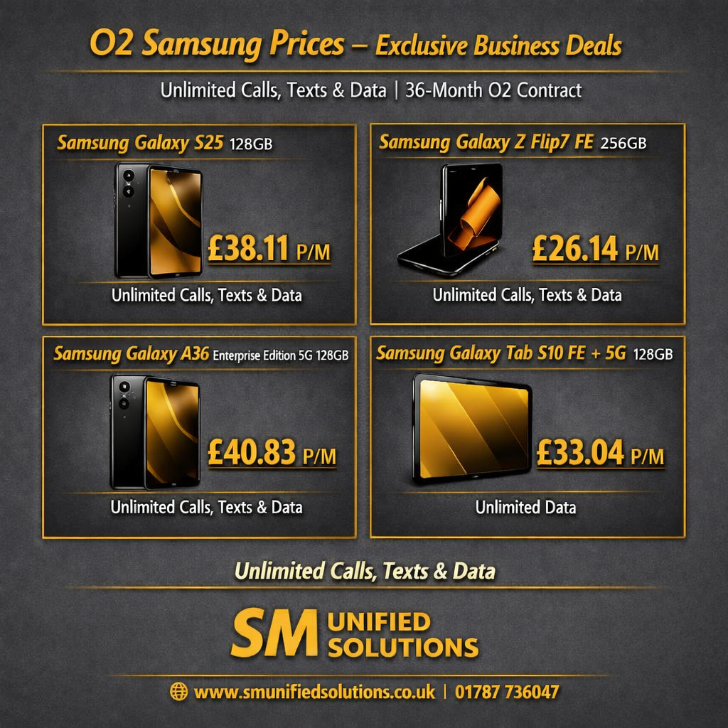 O2 business deal pricing for Samsung Galaxy devices on 36-month contracts.
