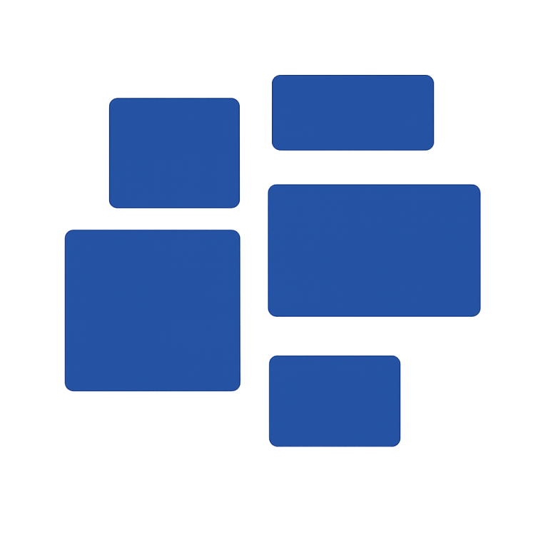 Logo featuring abstract blue squares in various sizes arranged in a grid-like pattern.