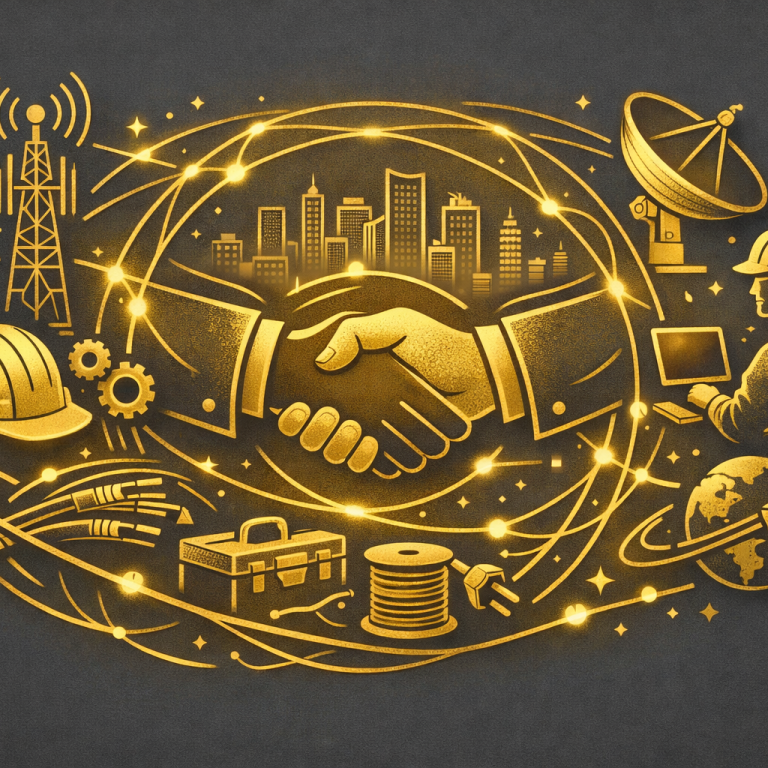 Golden handshake graphic with urban skyline, technology, and engineering elements.