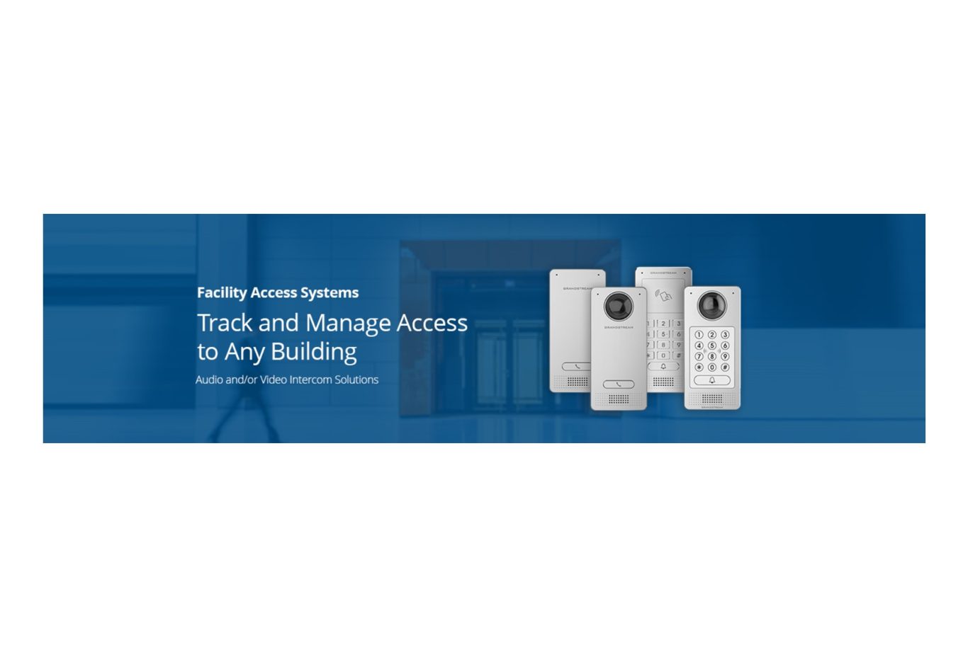 Three intercom devices displayed with a modern building backdrop.