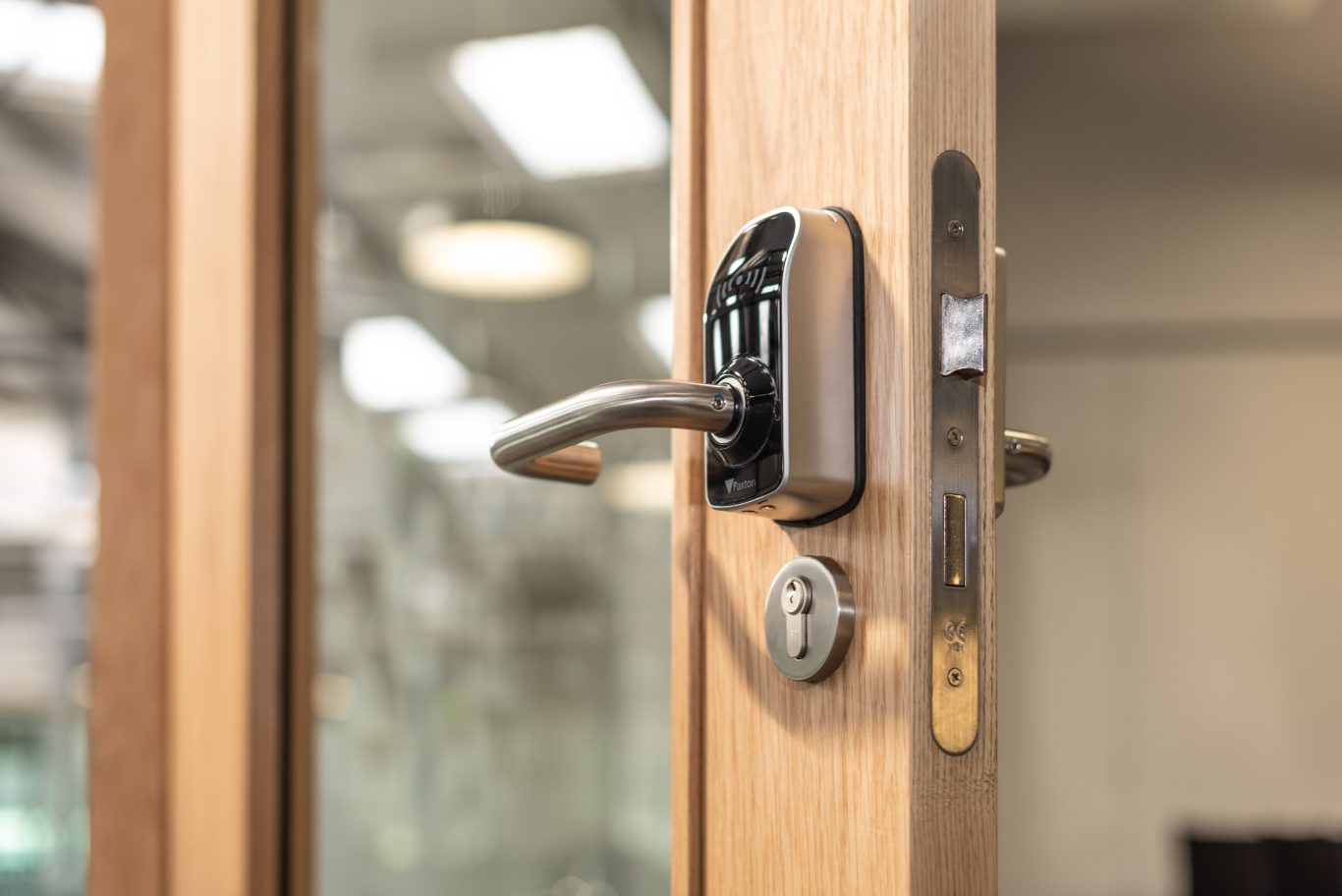 Close-up of a modern door handle and lock on a wooden door.
