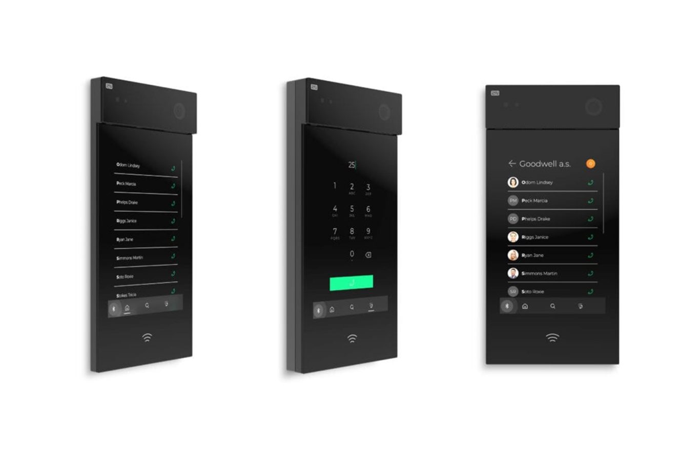 Three sleek, black interface panels displaying digital keypad and user options.