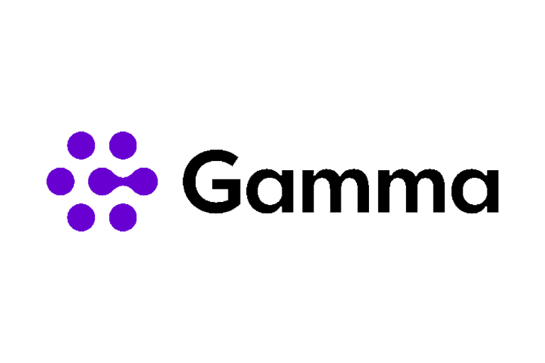 Logo of Gamma, featuring purple dots and the word "Gamma" in bold black font.