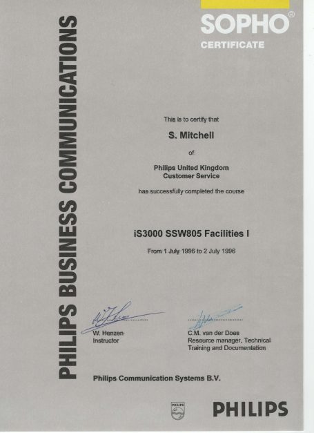 Certificate from Philips Business Communications awarded to S. Mitchell.